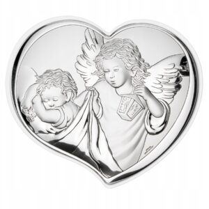 DUŻY Obrazek srebrny białe drewno Anioł Stróż chrzest Dedykacja gratis!