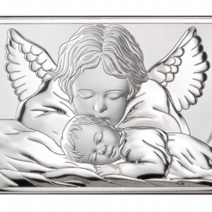 Srebrny obrazek Anioł Stróż z Dzieciątkiem chrzest - Dedykacja gratis!