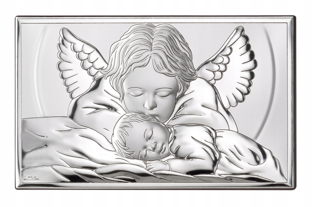 Srebrny obrazek Anioł Stróż z Dzieciątkiem chrzest - Dedykacja gratis!