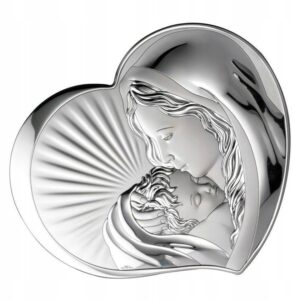 Srebrny obrazek Matka Boska z dzieciątkiem w sercu chrzest Dedykacja gratis